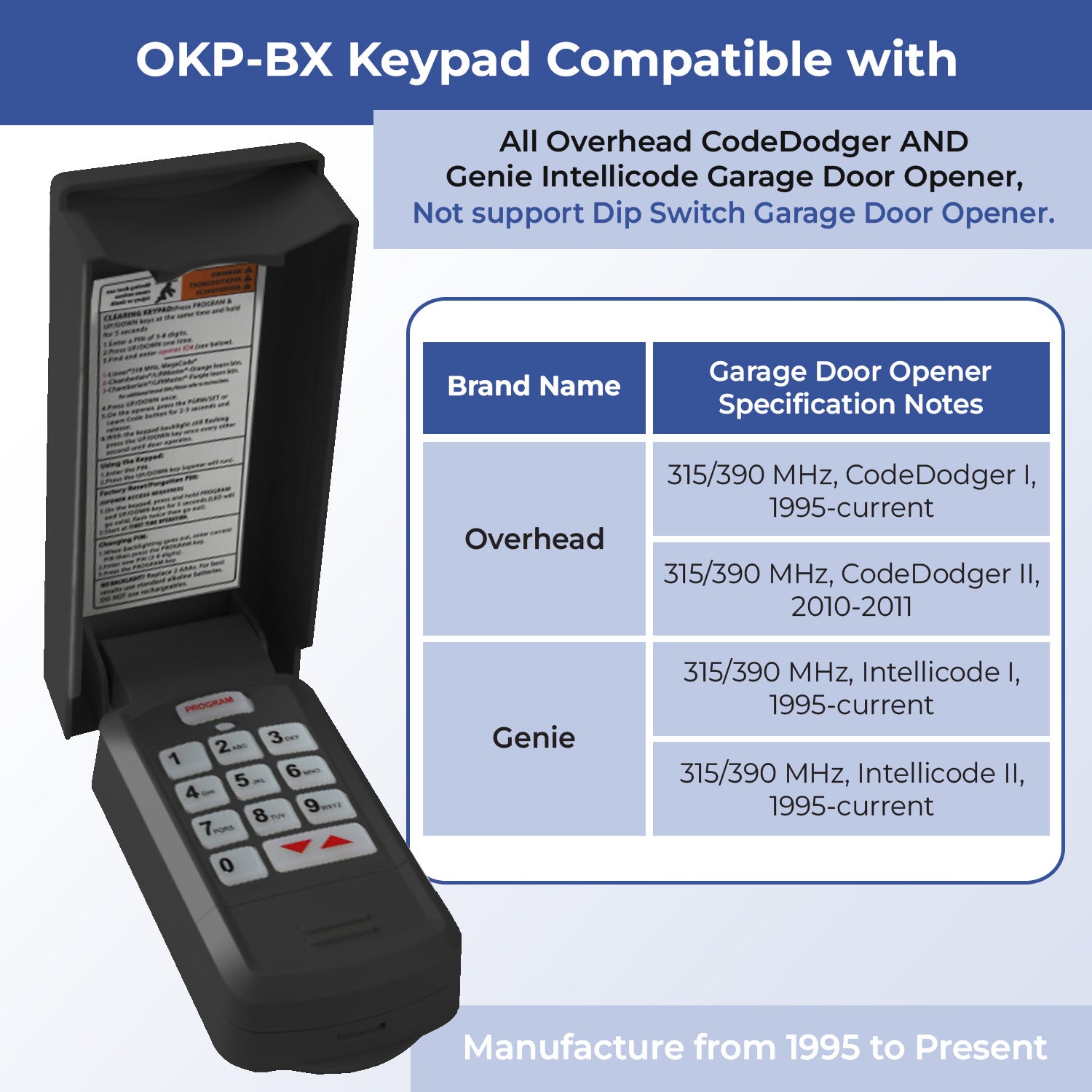 OKP-BX Garage Door Opener Keypad, Replacement for All Overhead Door CodeDodger technology and Genie Intellicode, Compatible GK-R, 37332R, GK-BX, GWKP, GWK-IC, ACSDG, ACSDA1, ACSD1G, B8QACSDA etc